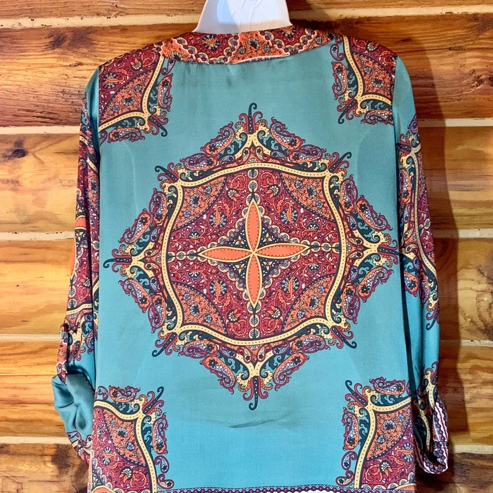 NY Collection Bohemian Boho Satin Blouse Shirt Medium - Picture 9 of 9